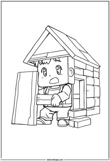 A block style character building a house with wooden planks
