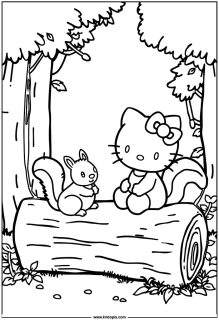 Hello Kitty sitting on a log with a squirrel friend
