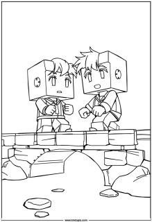 Two blockstyle characters constructing a bridge over water